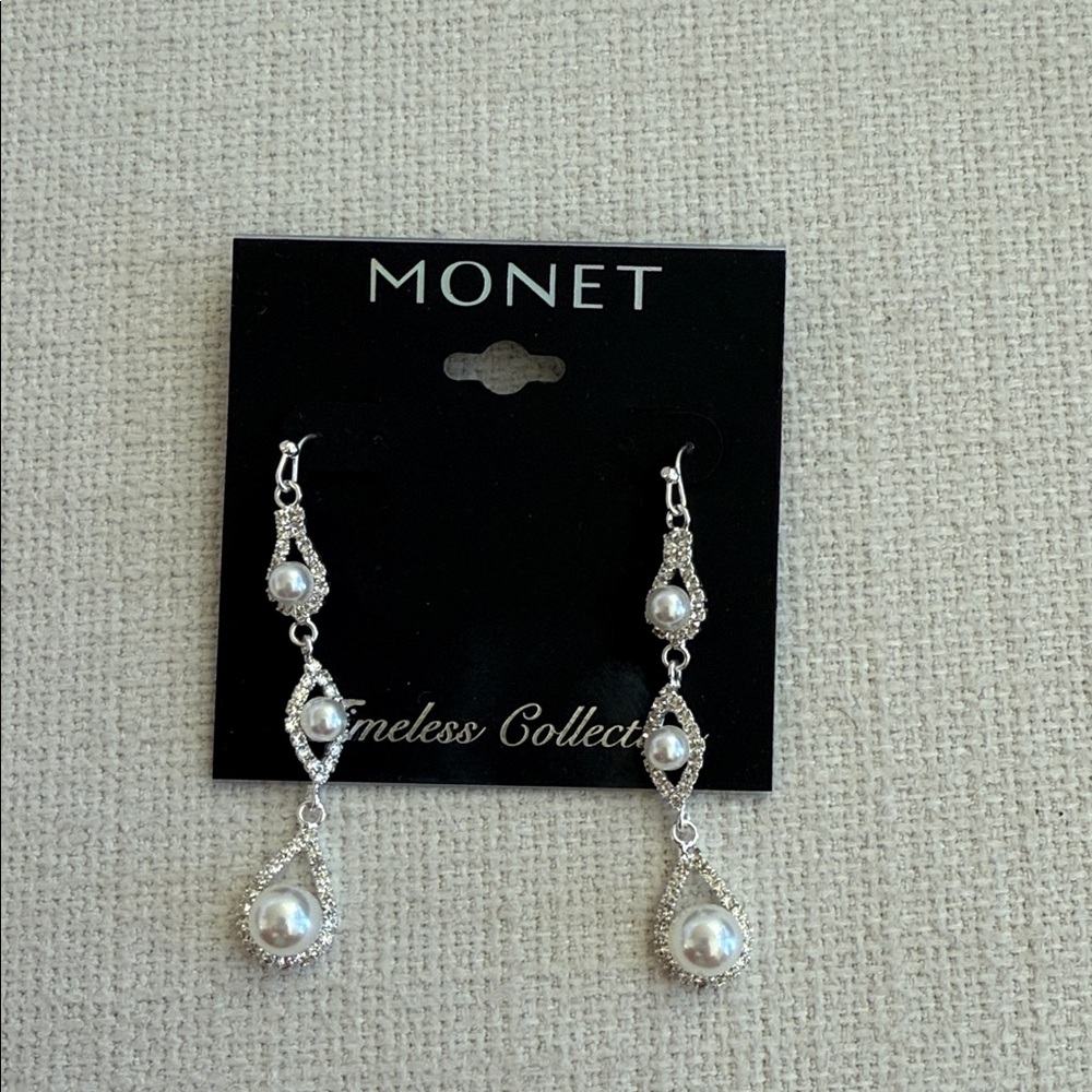 Brand new, never worn- Monet Silver and Pearl Dangle Earrings